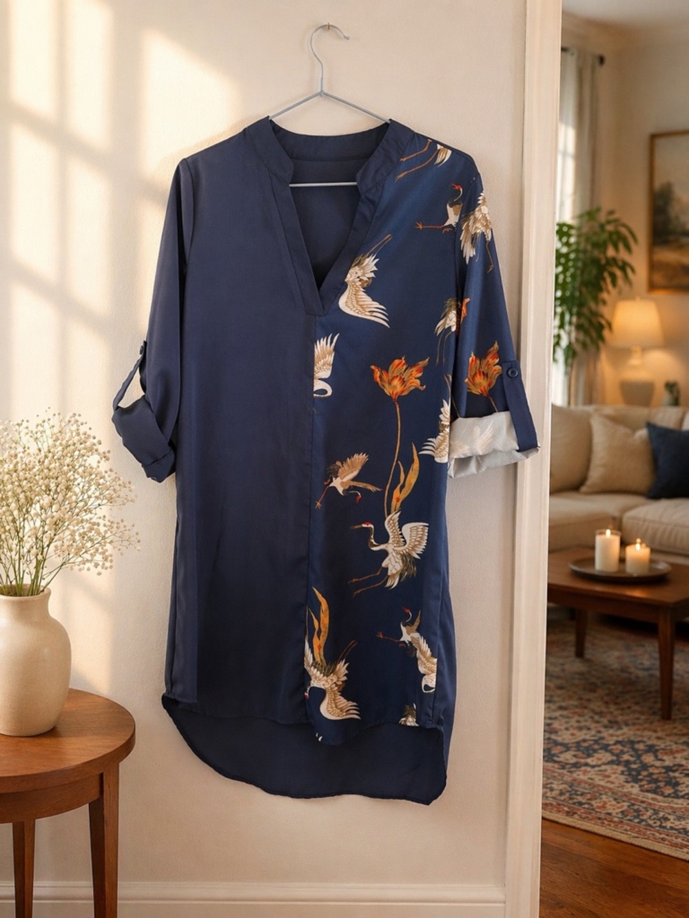SHEIN Navy Blue Crane Print Long Sleeve Tunic Dress